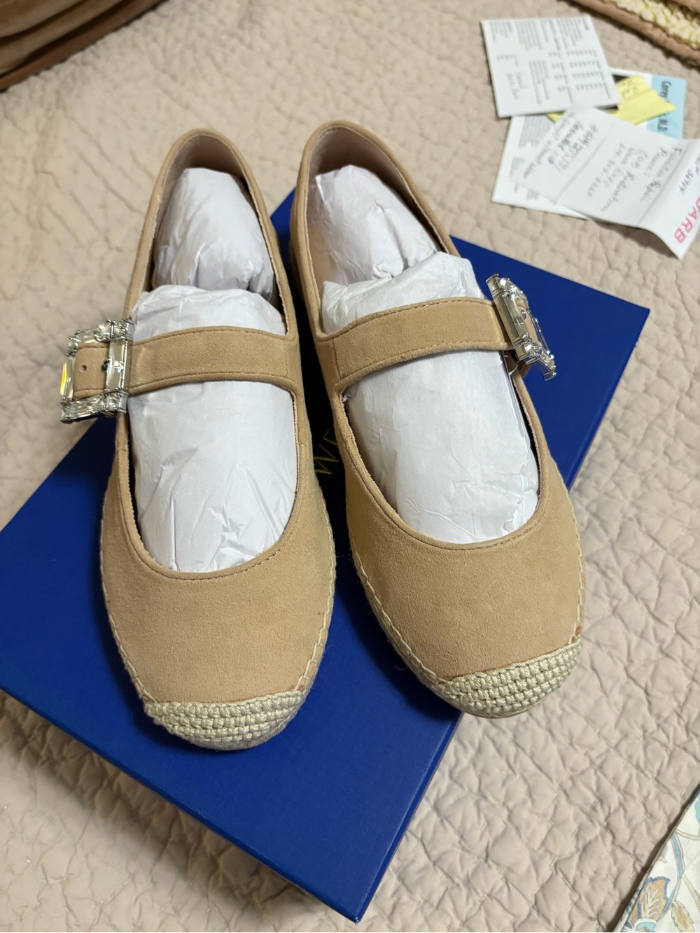 Stuart Weitzman Beige Suede Mary Jane Flats with Jeweled Buckle